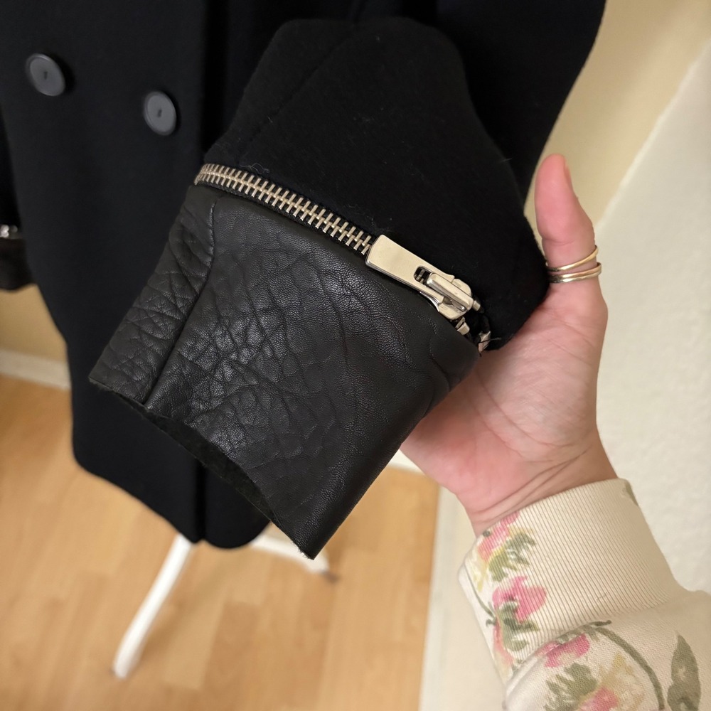 MAJE Daho double breasted Peacoat‎ Black  wool-cashmere blend leather trim Sz 40 - Picture 4 of 11